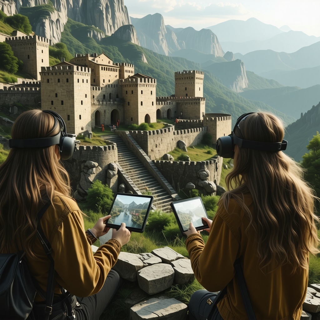 Tourists interacting with augmented reality displays showing 3D reconstructions of medieval Balkan fortress in mountainous setting
