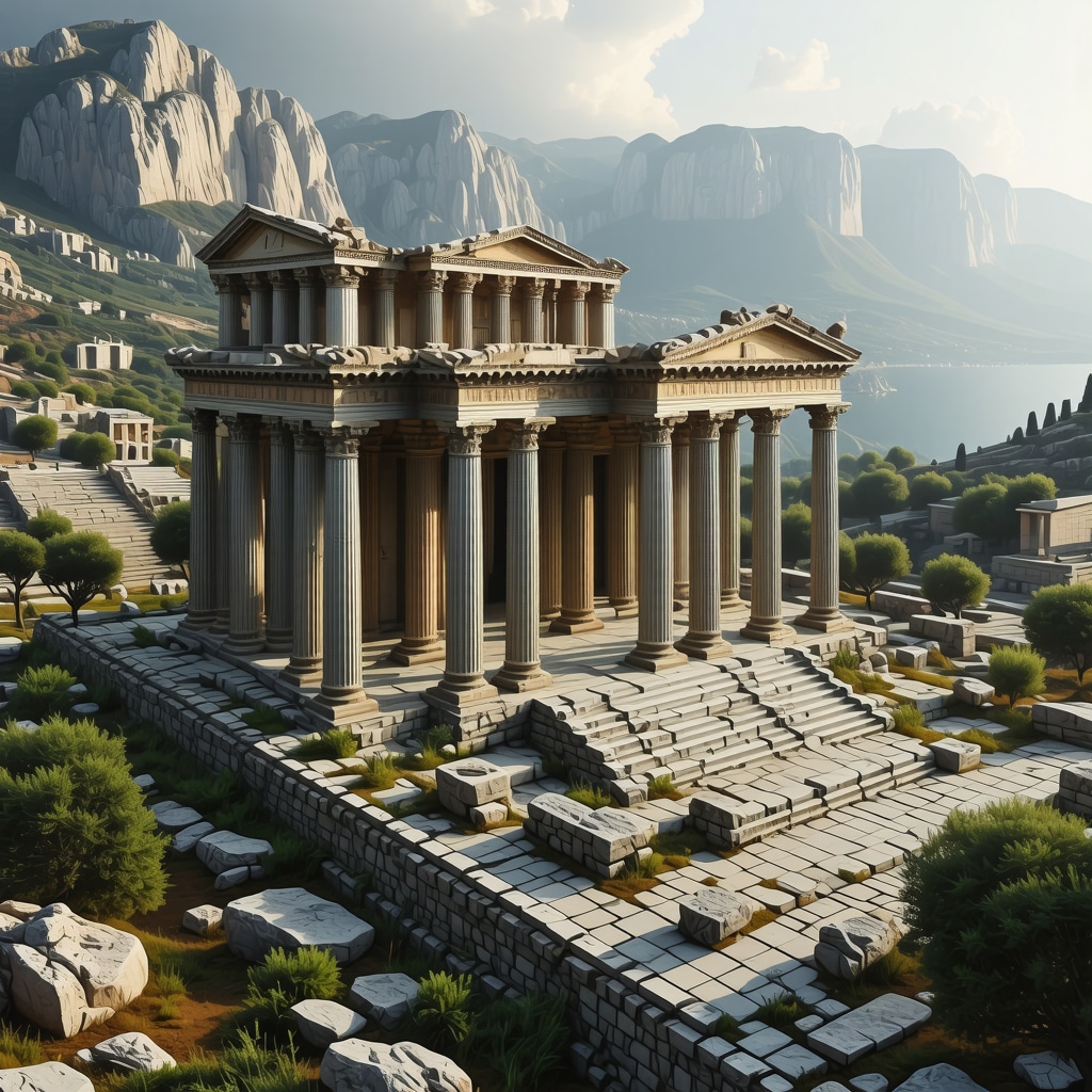 Detailed 3D digital reconstruction of the ancient Temple of Apollo at Delphi with surrounding landscape