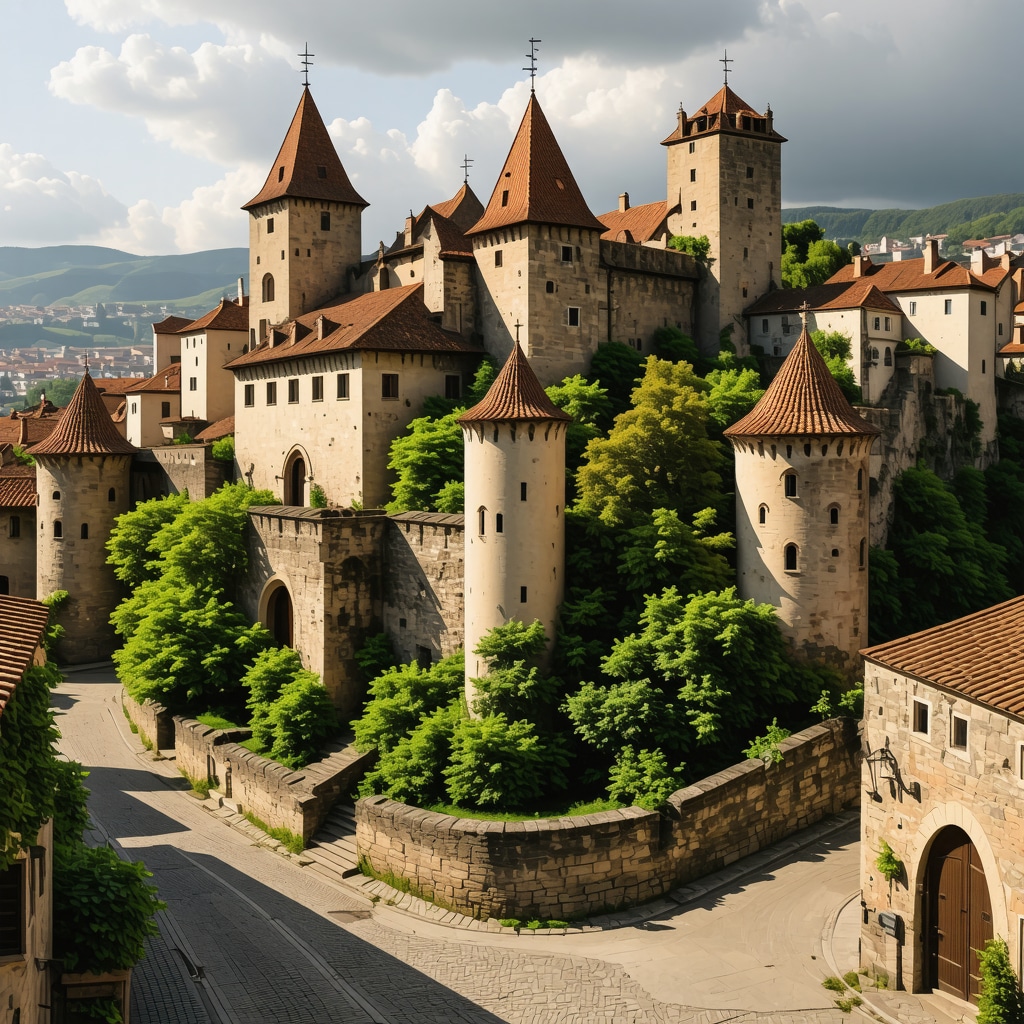 3D digital model of Sighișoara medieval citadel with augmented reality overlays showing historical and modern elements
