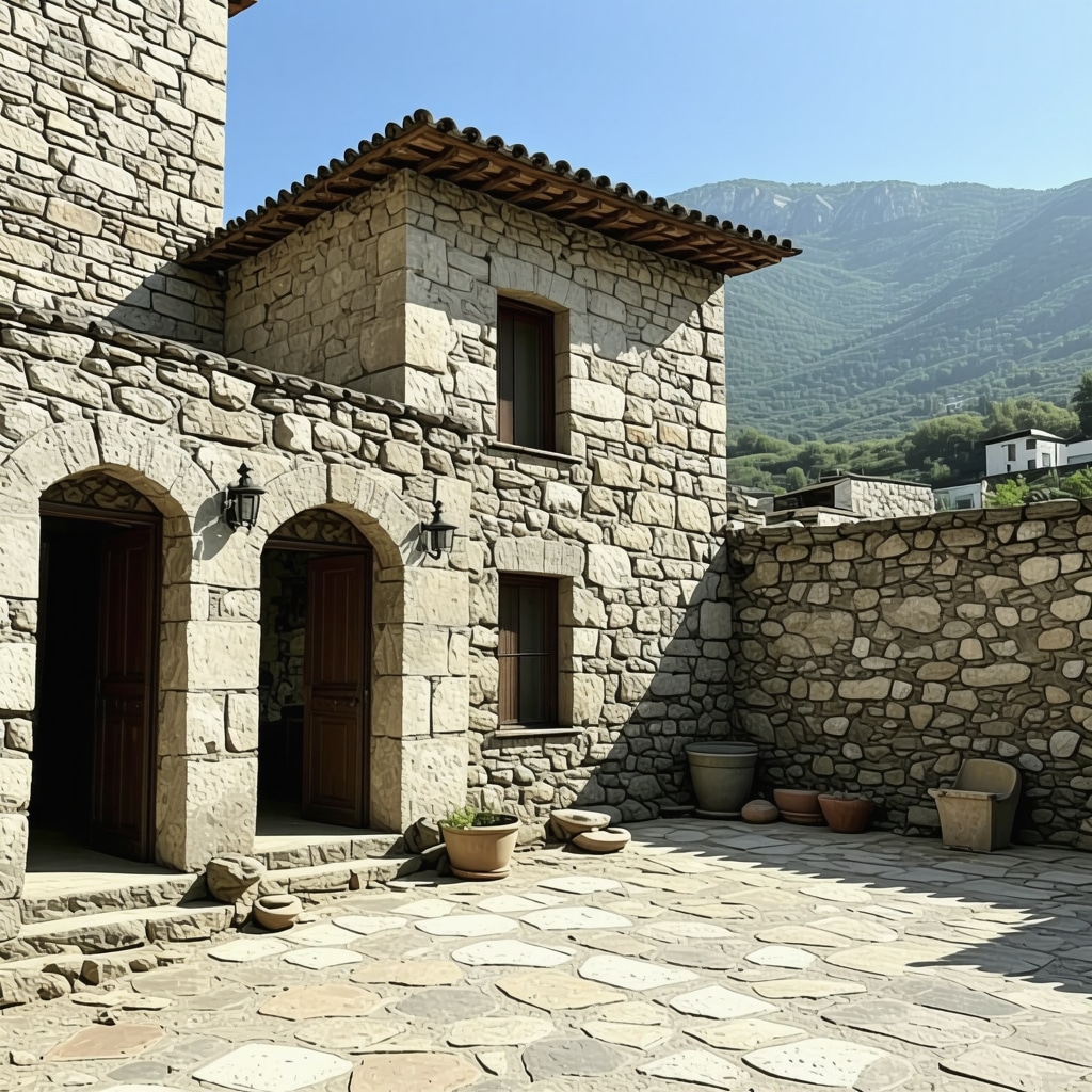 3D laser scanning device capturing detailed features of traditional Ottoman stone house in Gjirokastër