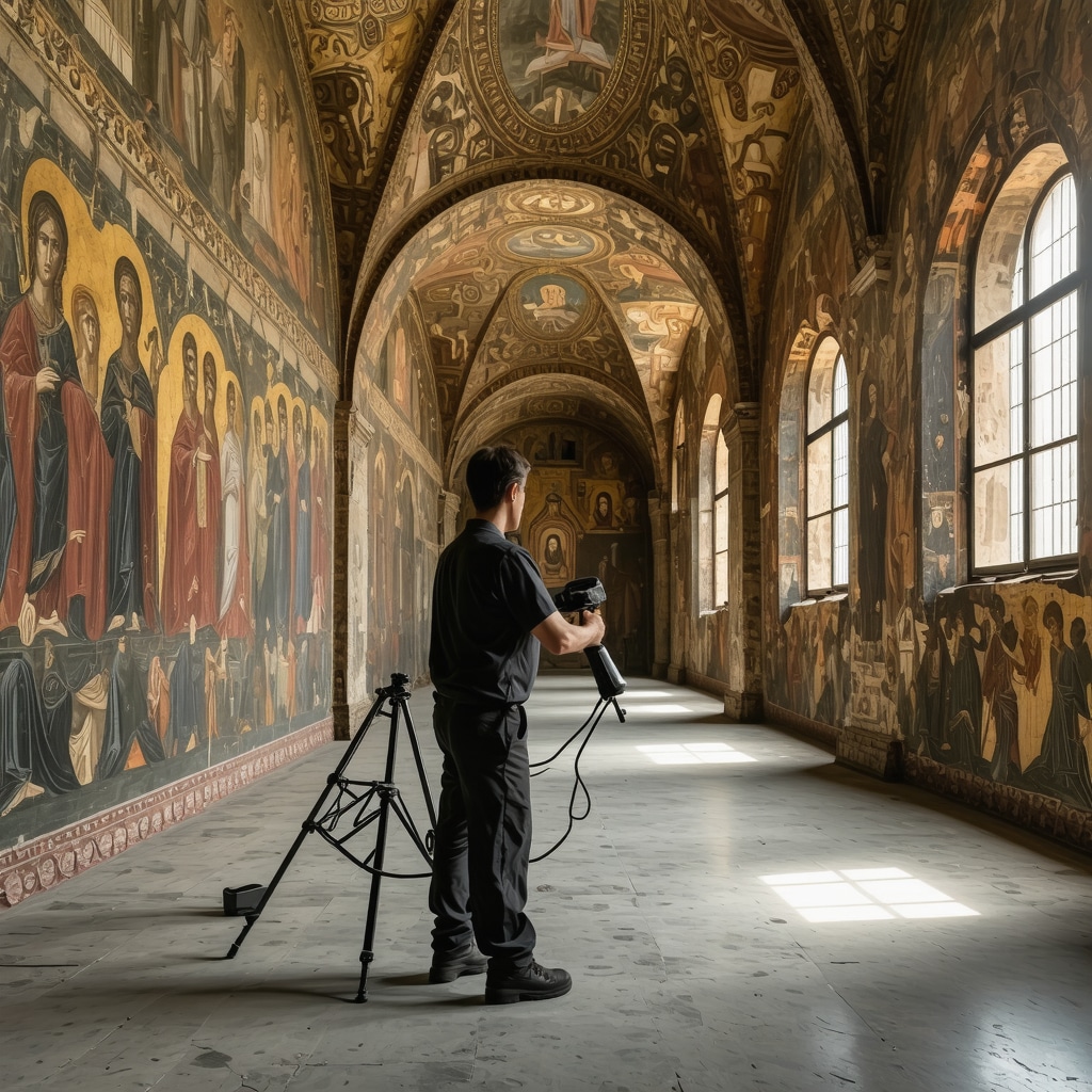 Conservator using 3D scanning on Byzantine frescoes at Gracanica Monastery