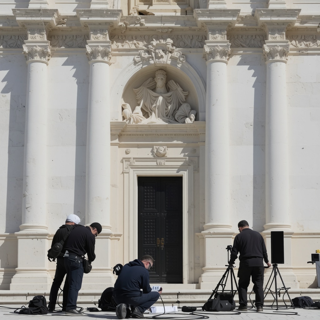 Restoration team applying 3D scanning to medieval cathedral facade in Šibenik, Croatia
