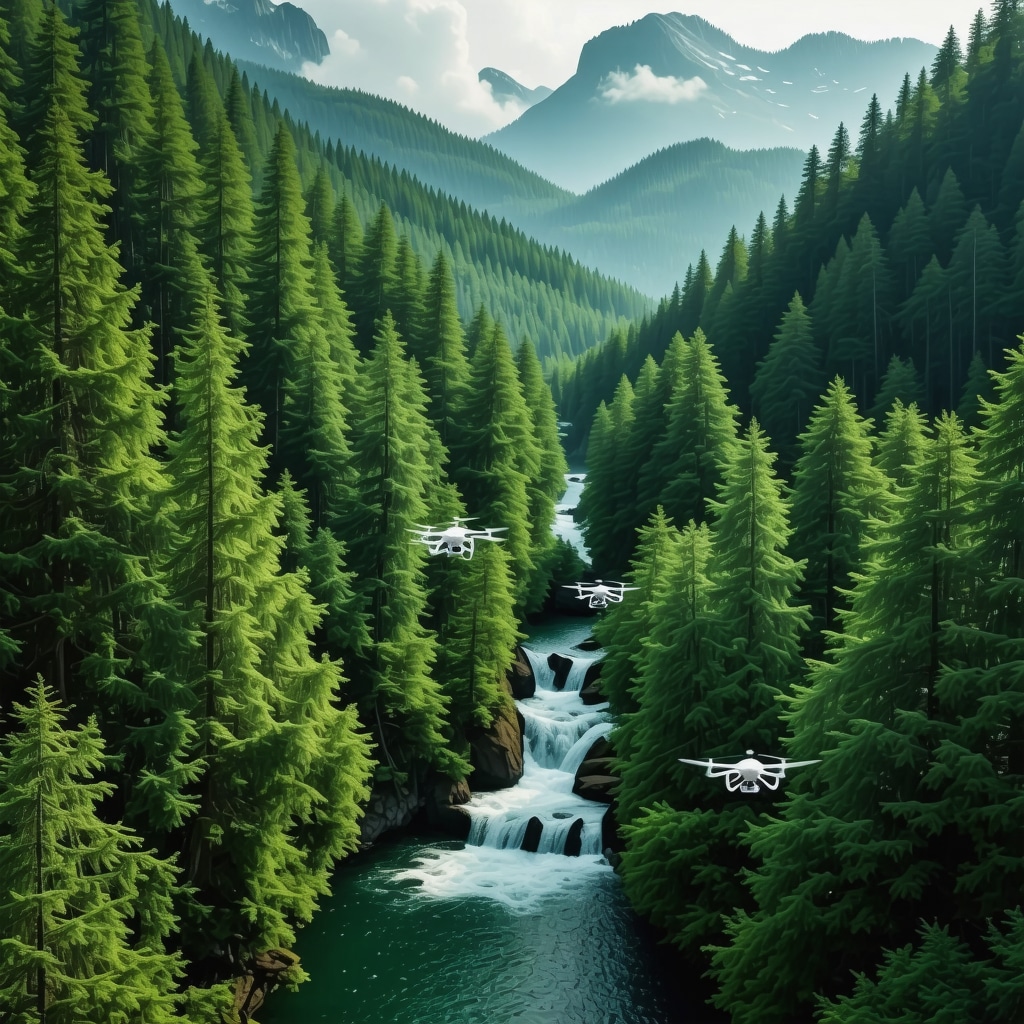 Aerial view of Izvorul Bosniei with IoT sensors and drones illustrating modern ecological conservation