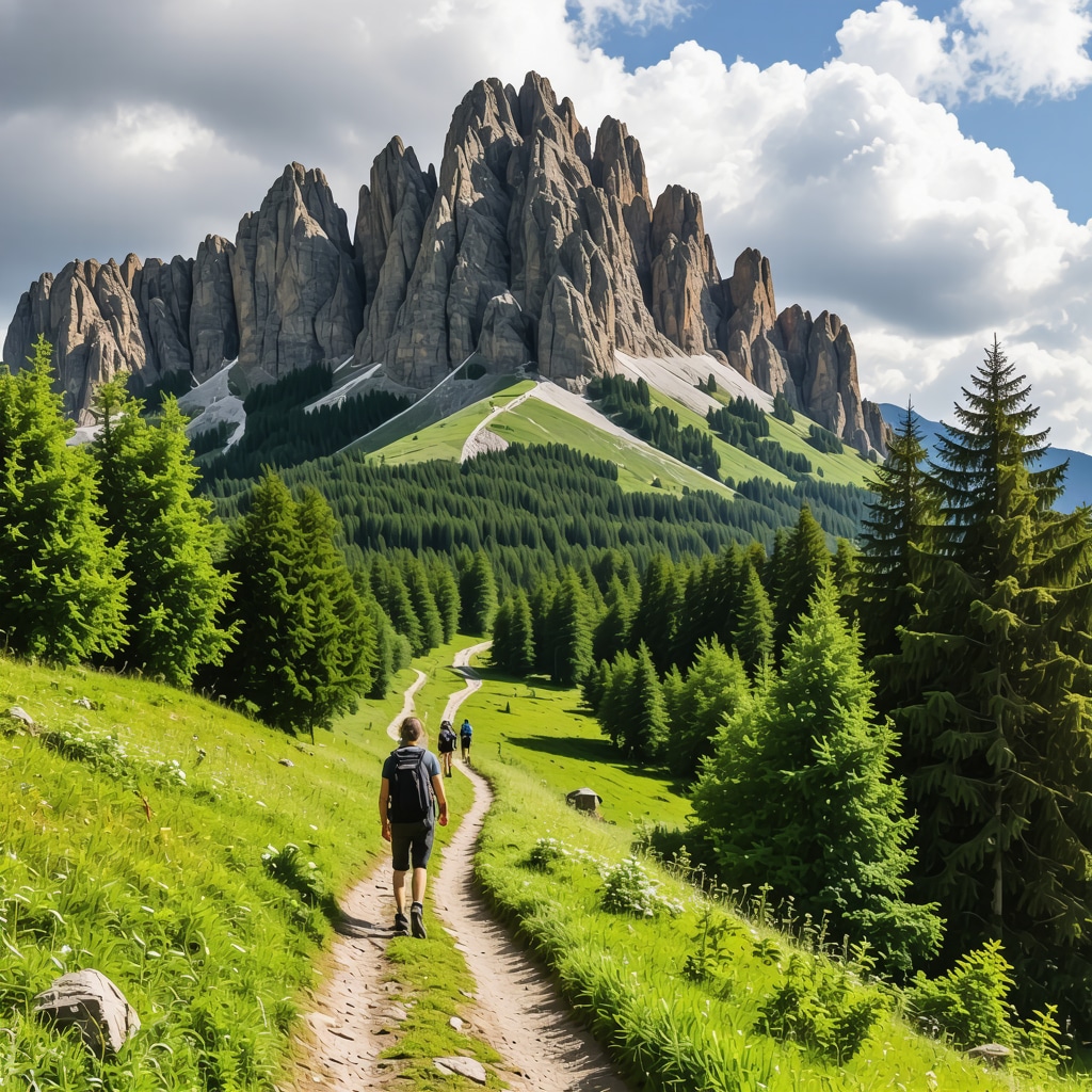 Hikers navigating challenging mountain trails in Piatra Craiului with rugged peaks and dense forests near Brașov