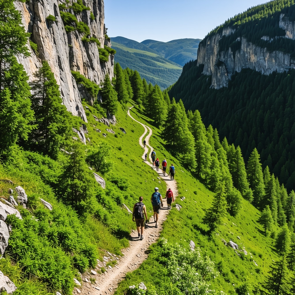 Aerial perspective of Rugova Canyon with hikers using GPS and eco-signage amidst natural landscape