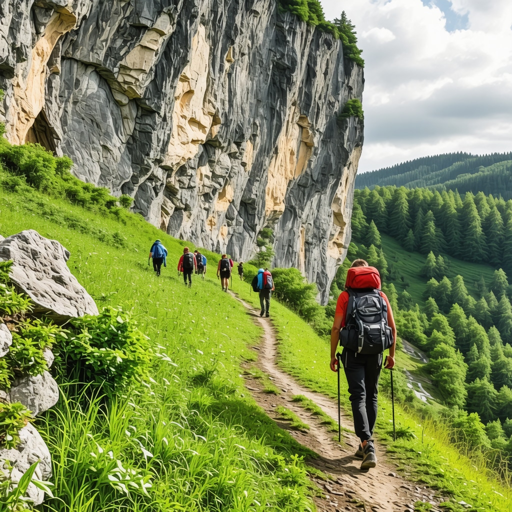 Hikers trekking rugged Carpathian mountain trails near Brașov with dense forests and limestone cliffs