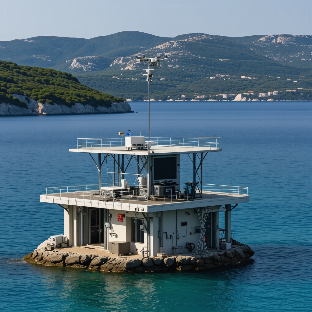 High-tech monitoring station with sensors and drones on Hvar island coast for sustainable tourism management