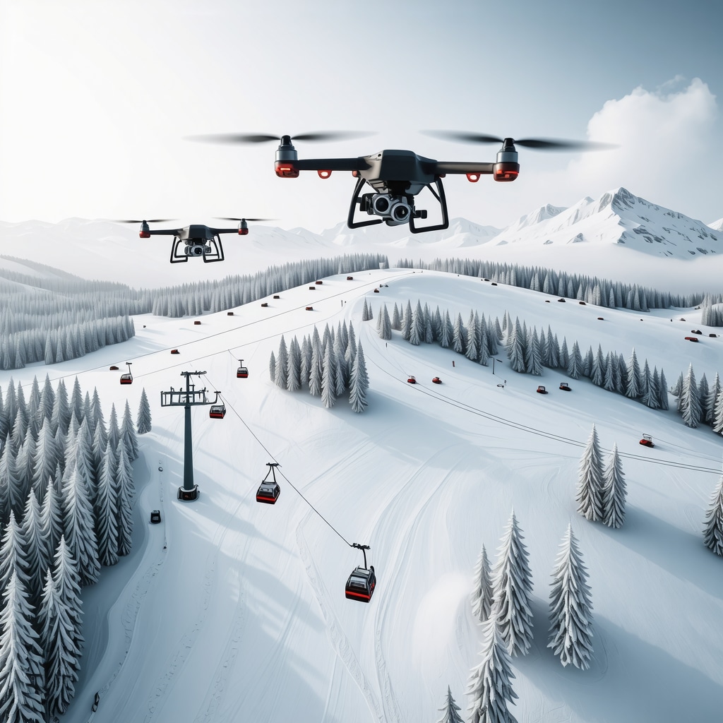Drones monitoring avalanche risks over snow-covered Brezovica mountain slopes with digital alert systems