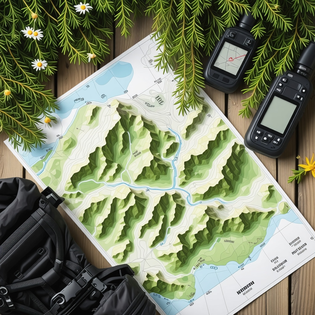 Topographic map with hiking gear and GPS device on wooden table surrounded by pine needles and wildflowers