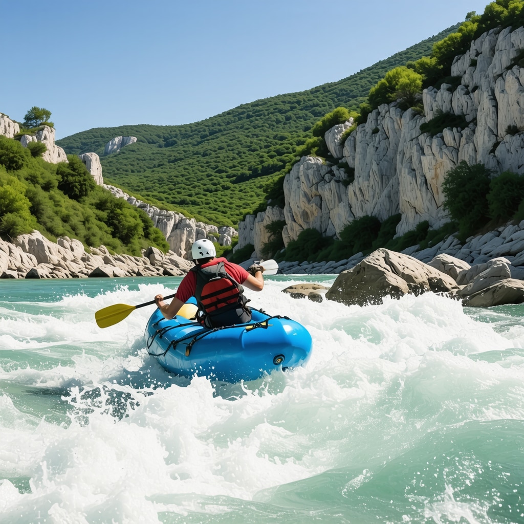 An adventurer expertly maneuvering a raft through the rapids of Cetina River amid green Dalmatian canyons