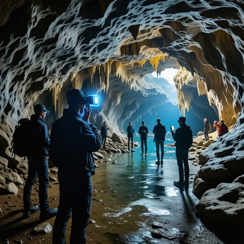 Visitors using augmented reality devices and sensors inside Postojna Cave for conservation purposes