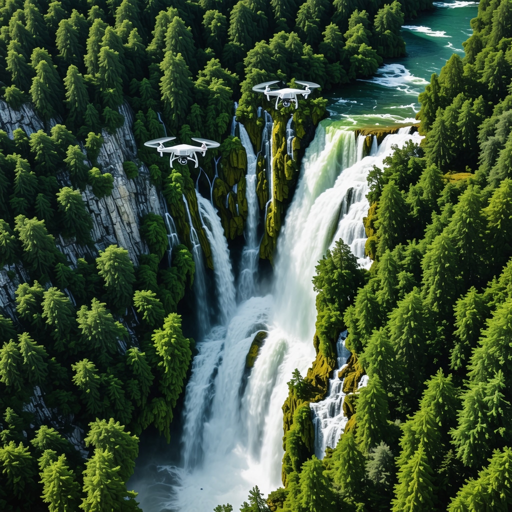 Drones flying over waterfalls and forests in Parcul Național Krka for environmental monitoring