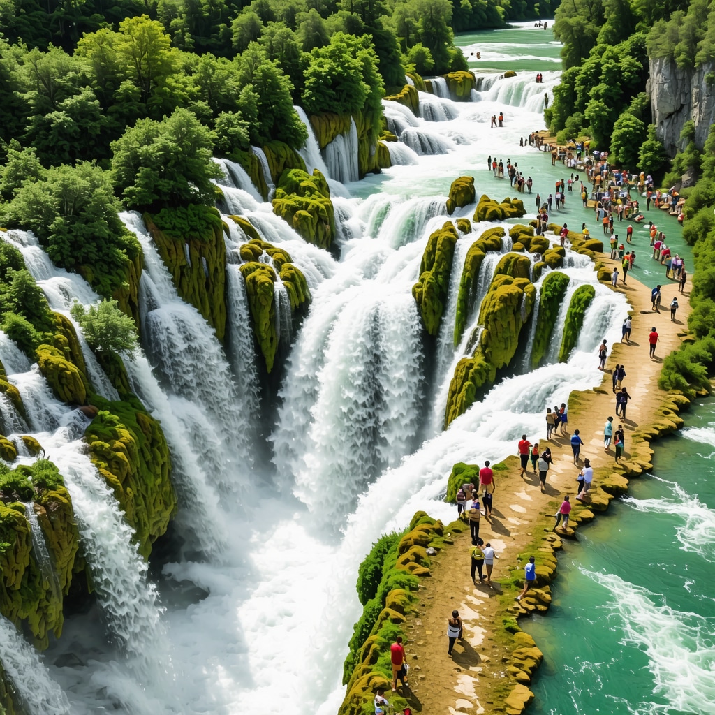 Aerial photograph showing the waterfalls, green forests, and eco-tourism trails in Krka National Park, Croatia.