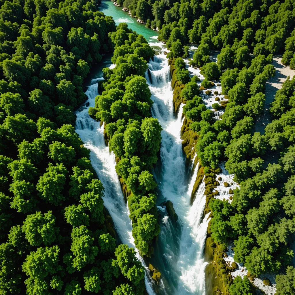 Aerial view showcasing Krka National Park's waterfalls and drones conducting environmental monitoring