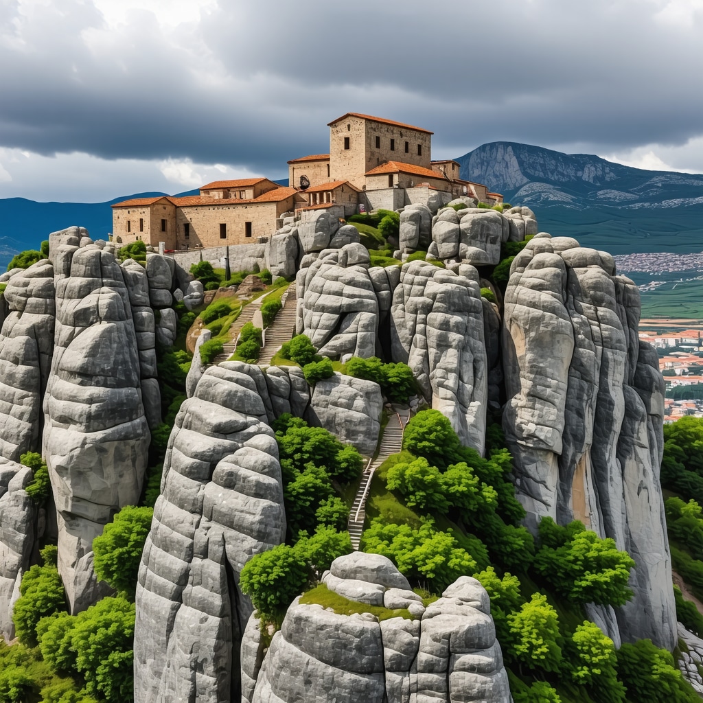 Aerial photo highlighting Meteora's rugged isolated hiking trails and ancient monasteries on cliffs