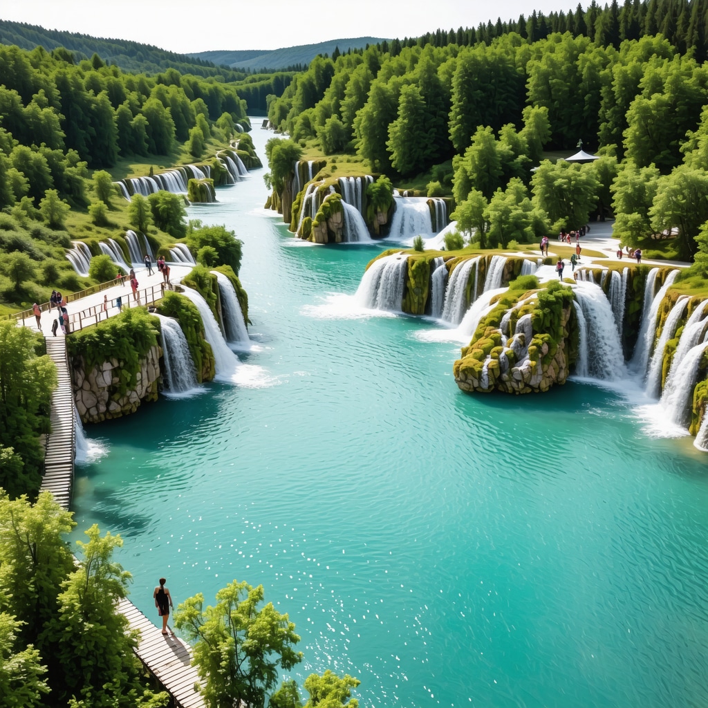 Aerial perspective of Plitvice Lakes National Park with turquoise lakes and wooden footbridges amid dense greenery
