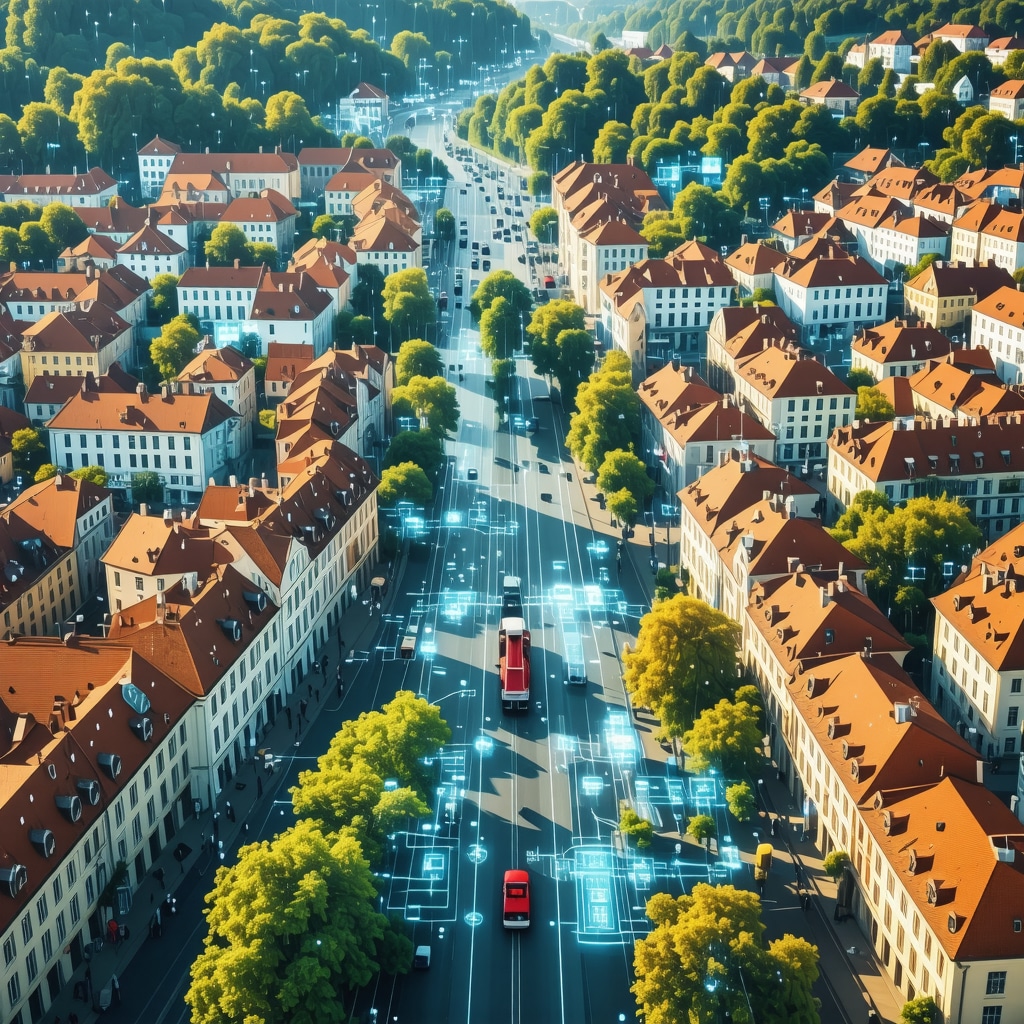 Aerial cityscape of Celje highlighting medieval buildings alongside modern urban development with digital technology overlays