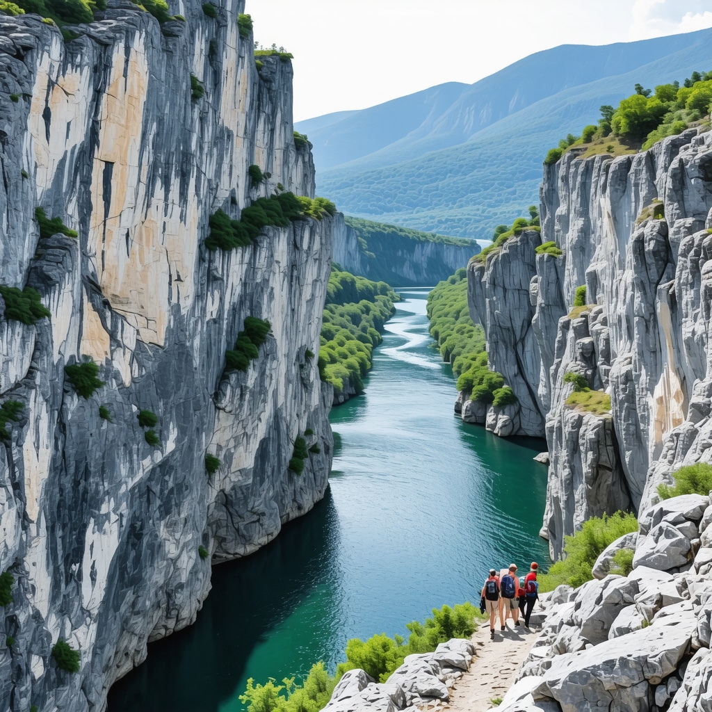 Aerial image displaying the Danube Gorge with river, cliffs, and hikers on a trail