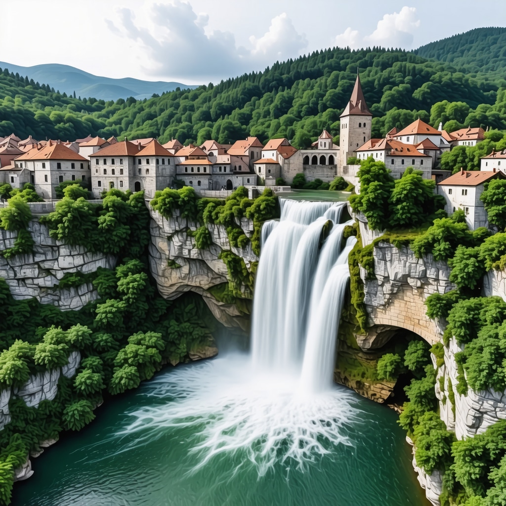 Aerial view of Jajce Fortress overlooking the cascading waterfall and old town with rivers and green landscape in Bosnia