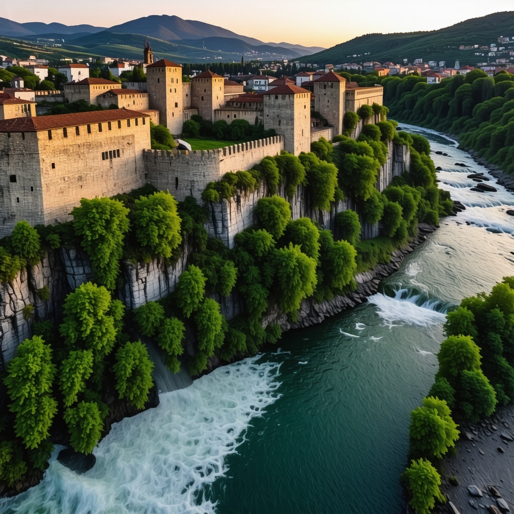Aerial image showing Jajce fortress, rivers Pliva and Vrbas, and nearby waterfall blending historic and natural elements