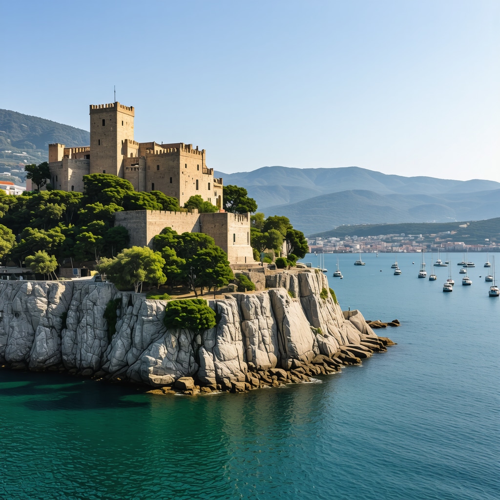 Aerial landscape of Kavala city with castle, port, and surrounding mountains symbolizing sustainable tourism