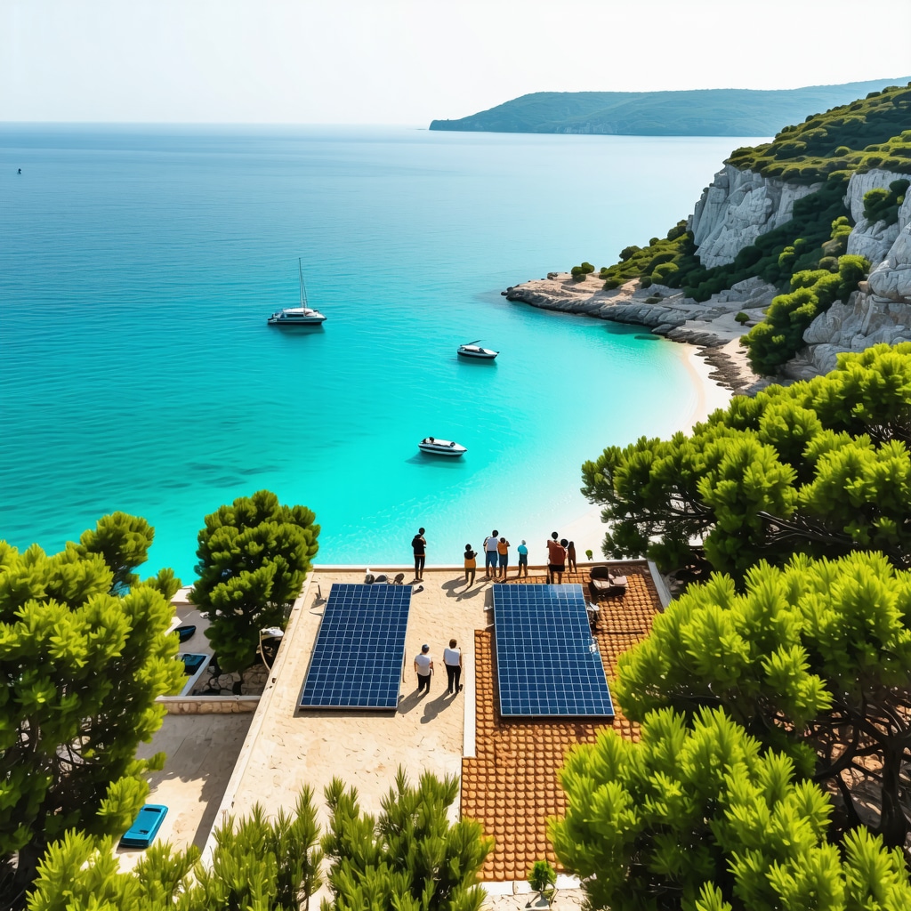 Ksamil bay with solar panels, tourists using AR apps, and electric boats illustrating sustainable tourism