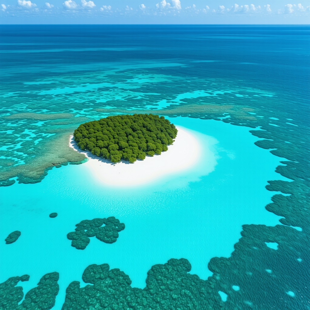 Aerial image showing Ksamil's clear turquoise waters, small islands, and vibrant underwater marine life