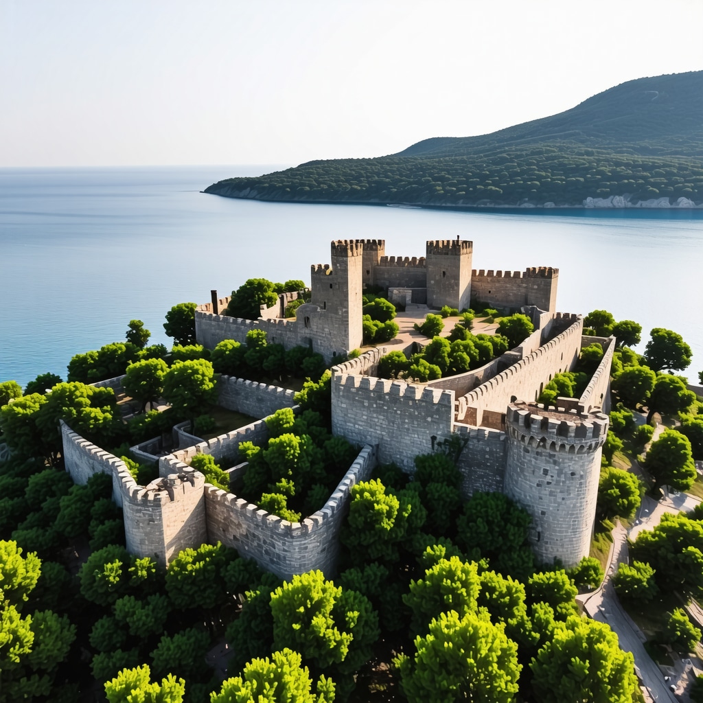 Aerial photograph of Lastovo island featuring medieval fortresses, dense forests, and drones equipped with environmental sensors