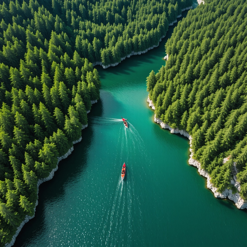 Aerial photo of Matka Canyon displaying hiking trails, kayakers, and green eco-tourism facilities