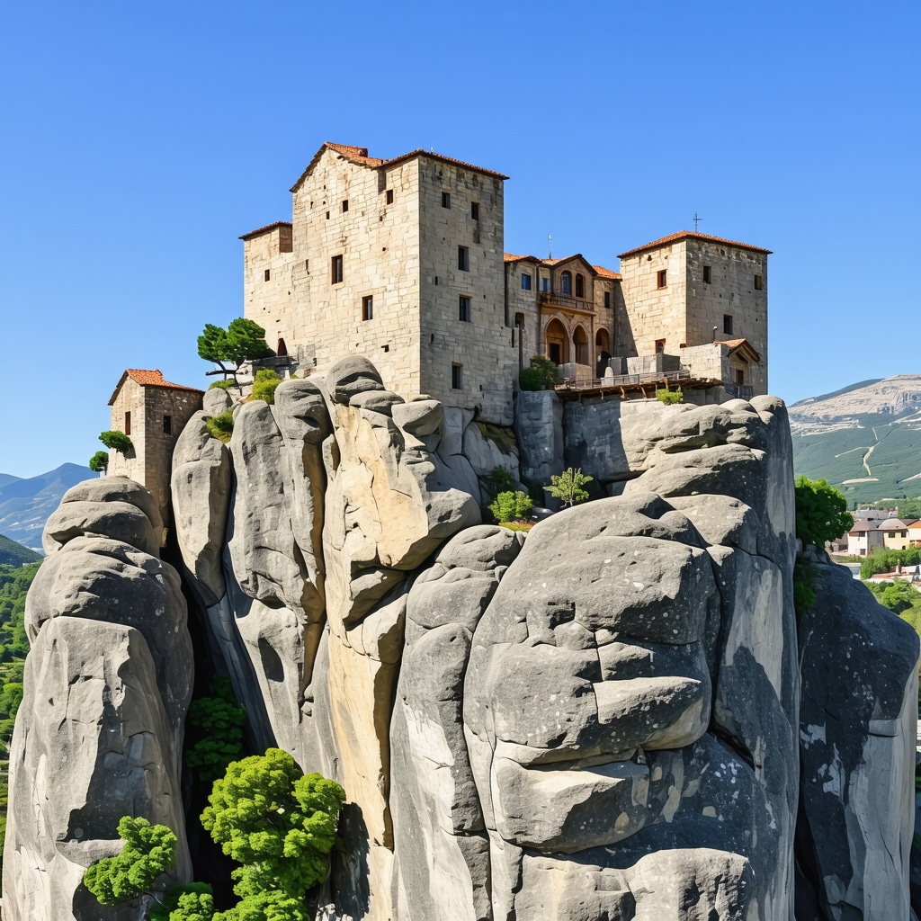 Aerial photograph displaying Meteora's monasteries atop towering rock pillars surrounded by natural landscape