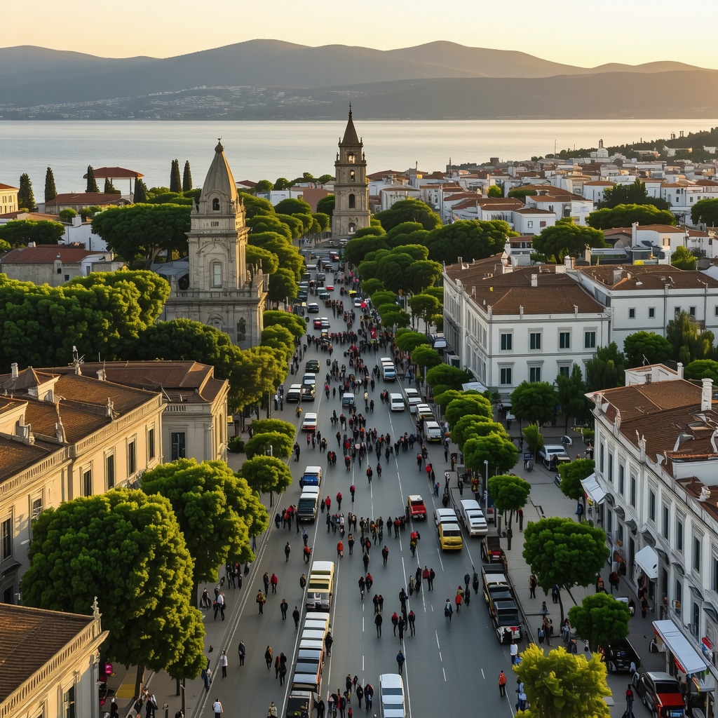 Aerial image showing Patras city with ancient ruins, modern architecture, lively markets, and Ionian Sea at sunset