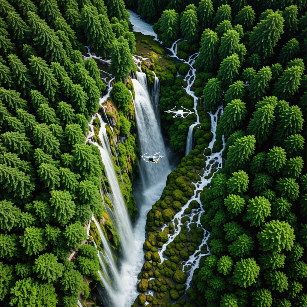 Drones flying over waterfalls and forests in Plitvice Lakes National Park for environmental monitoring