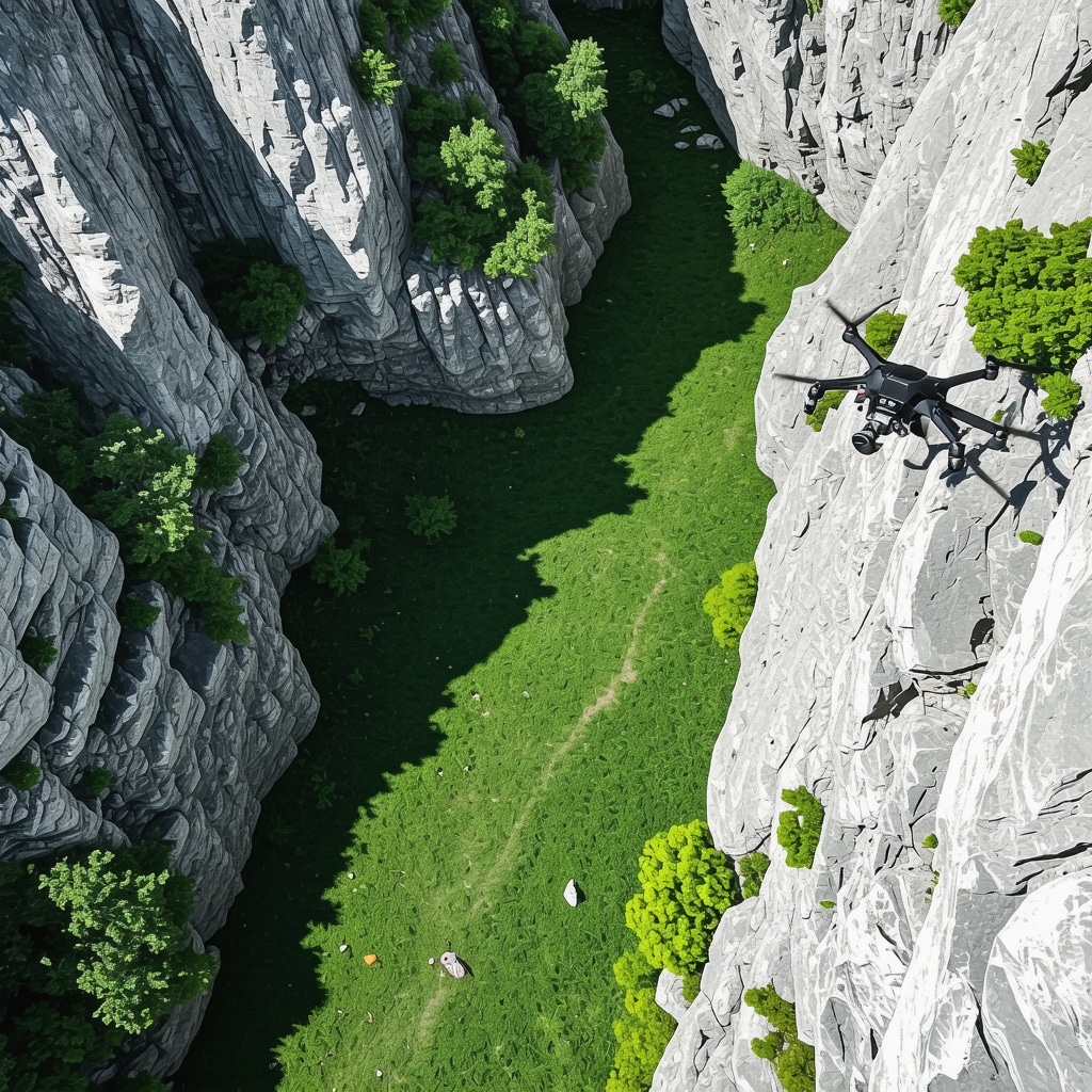 Rugova Canyon aerial showing alpine vegetation and a drone monitoring wildlife