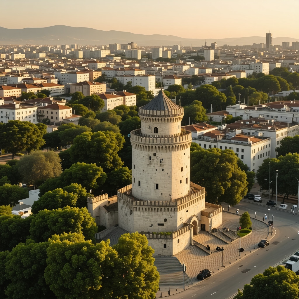 Aerial image of Thessaloniki featuring White Tower and modern buildings during sunset