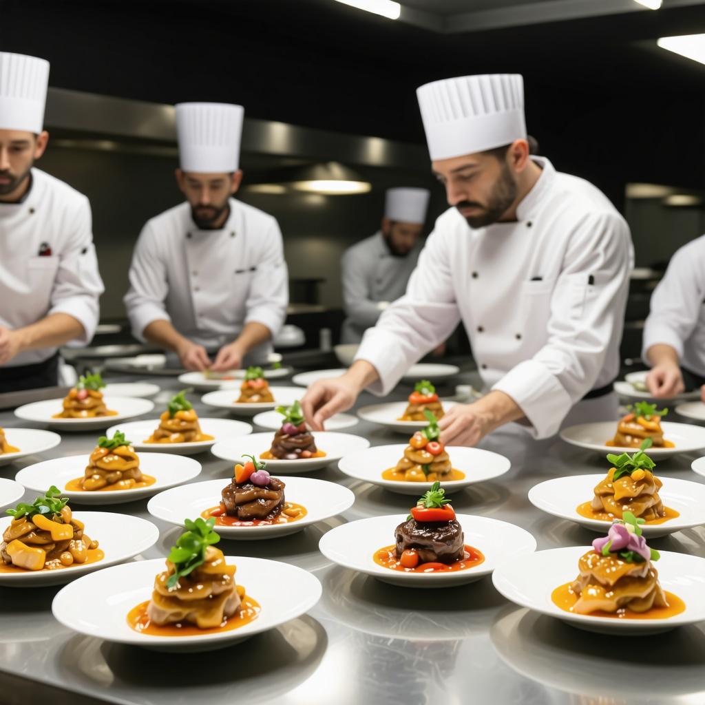 Chefs in modern kitchen using sous-vide and gelification techniques to prepare traditional Arad dishes innovatively