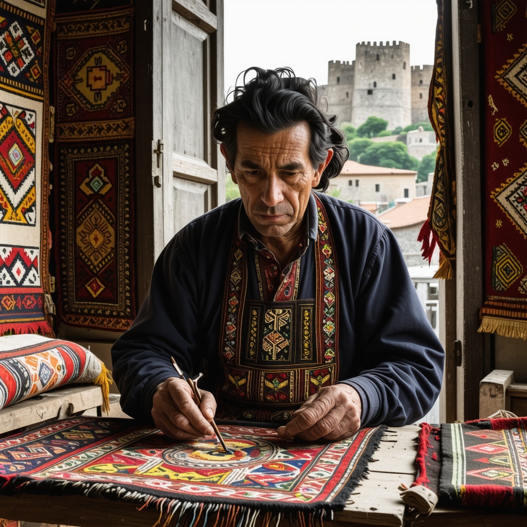 Albanian artisan performing traditional embroidery surrounded by textiles and medieval fortress view