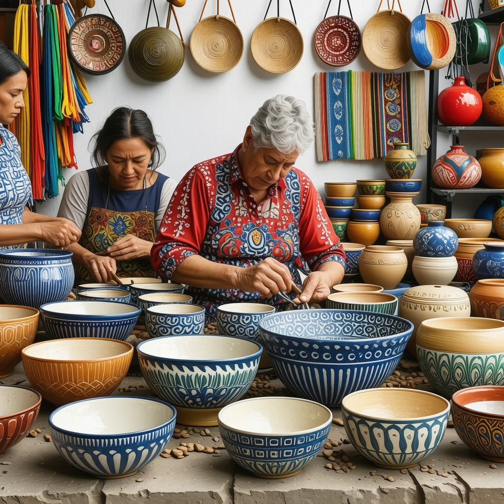 Artisans working on traditional ceramics and textiles in a Xanthi workshop