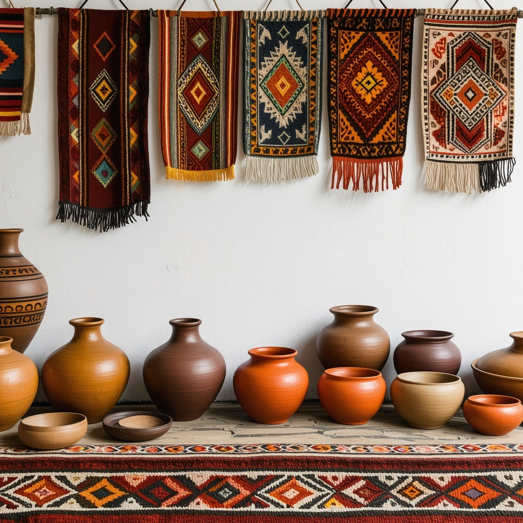 Atelier cu țesături tradiționale, ceramică și sculpturi din lemn în Xanthi, reprezentând cultura bulgară