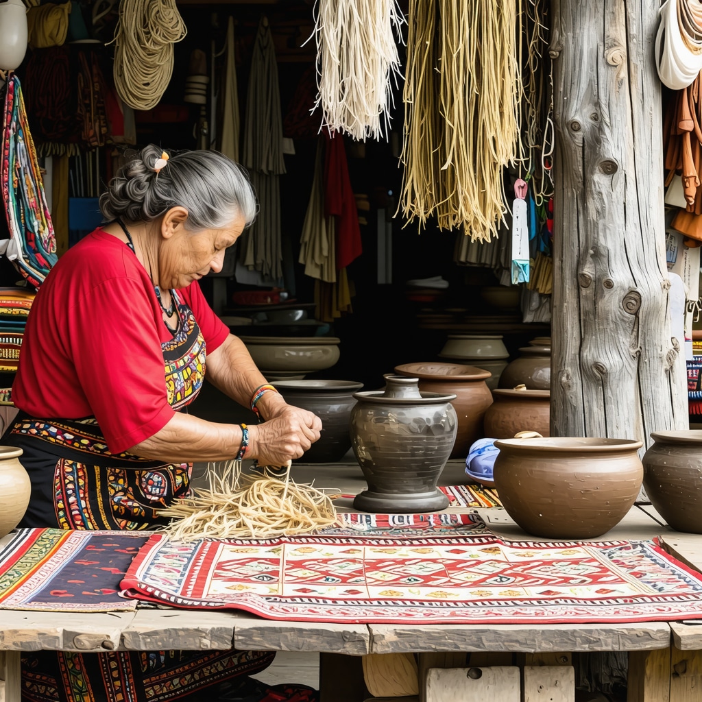Artizani locali din Bitola realizând țesături și ceramică tradițională în atelier