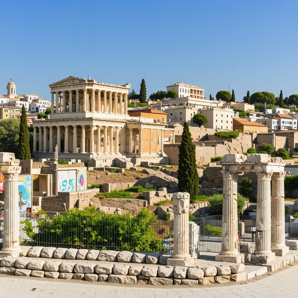 Panoramic view of Athens combining historic ruins and contemporary buildings with digital art and street murals
