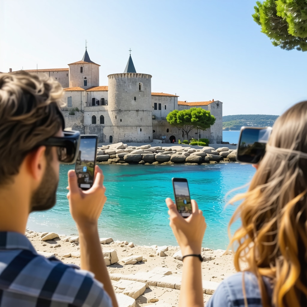 Tourists using augmented reality technology to explore Vodice's cultural landmarks with digital overlays