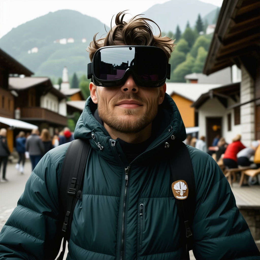 Hiker using augmented reality glasses exploring traditional crafts and mountainous landscape in Zlatibor