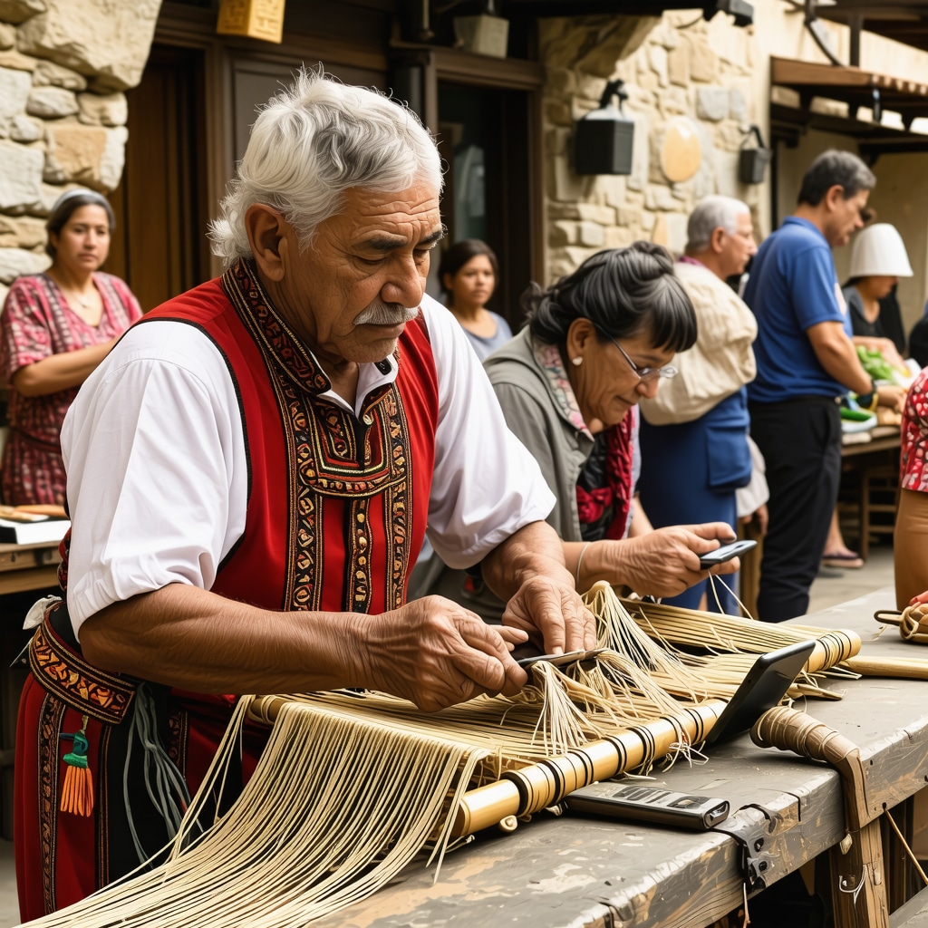 Tourists engaging with augmented reality technology while watching artisans craft traditional Albanian objects in Kruja's Old Bazaar