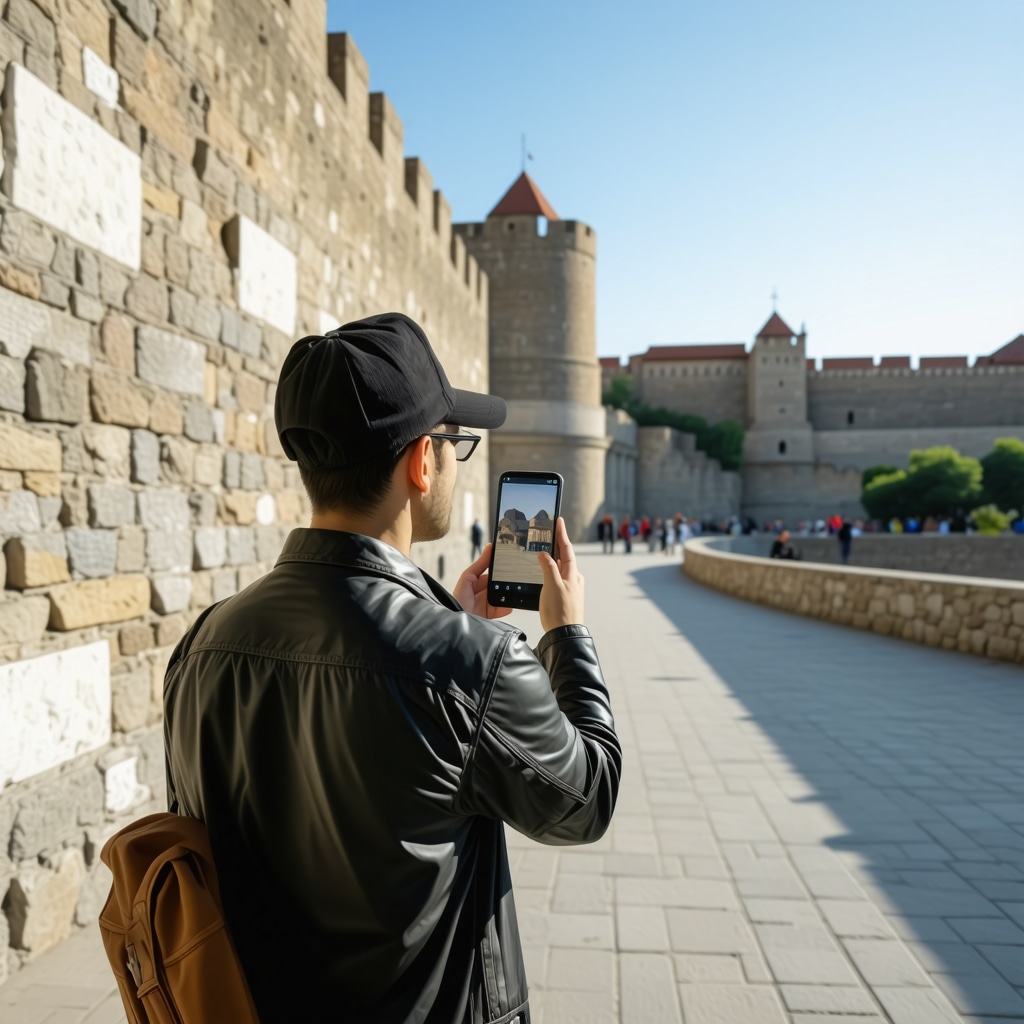 Visitor using smartphone augmented reality to explore Petrovaradin Fortress in Novi Sad