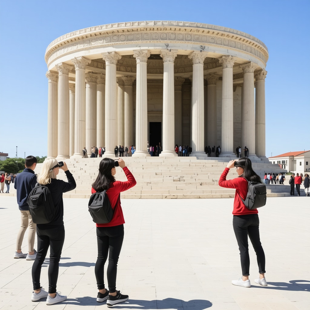 Visitors using augmented reality devices to explore historic Rotonda monument in Thessaloniki