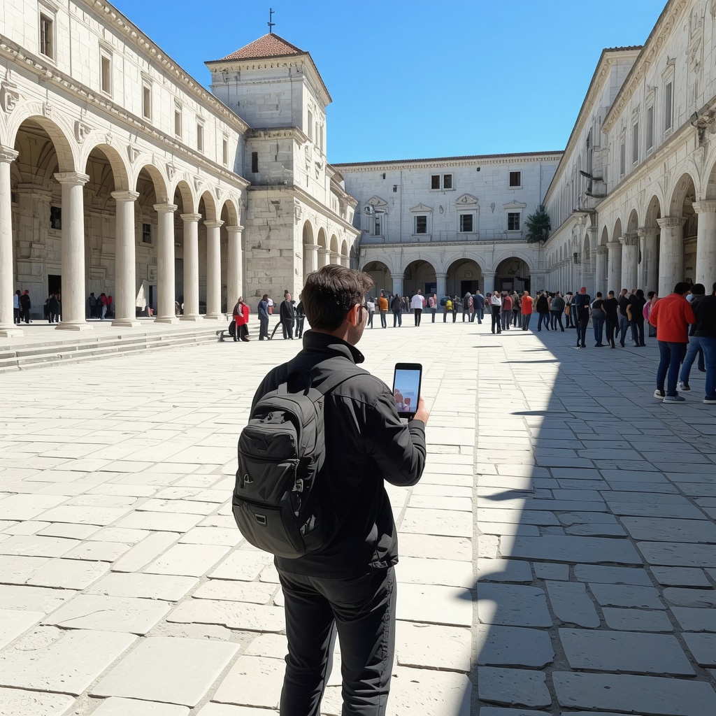 Tourist using augmented reality app to view historical reconstructions at Diocletian's Palace in Split