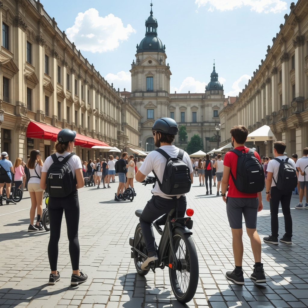 Tourists in Timisoara using augmented reality devices with electric bikes and modern urban landscape blending heritage and sustainability