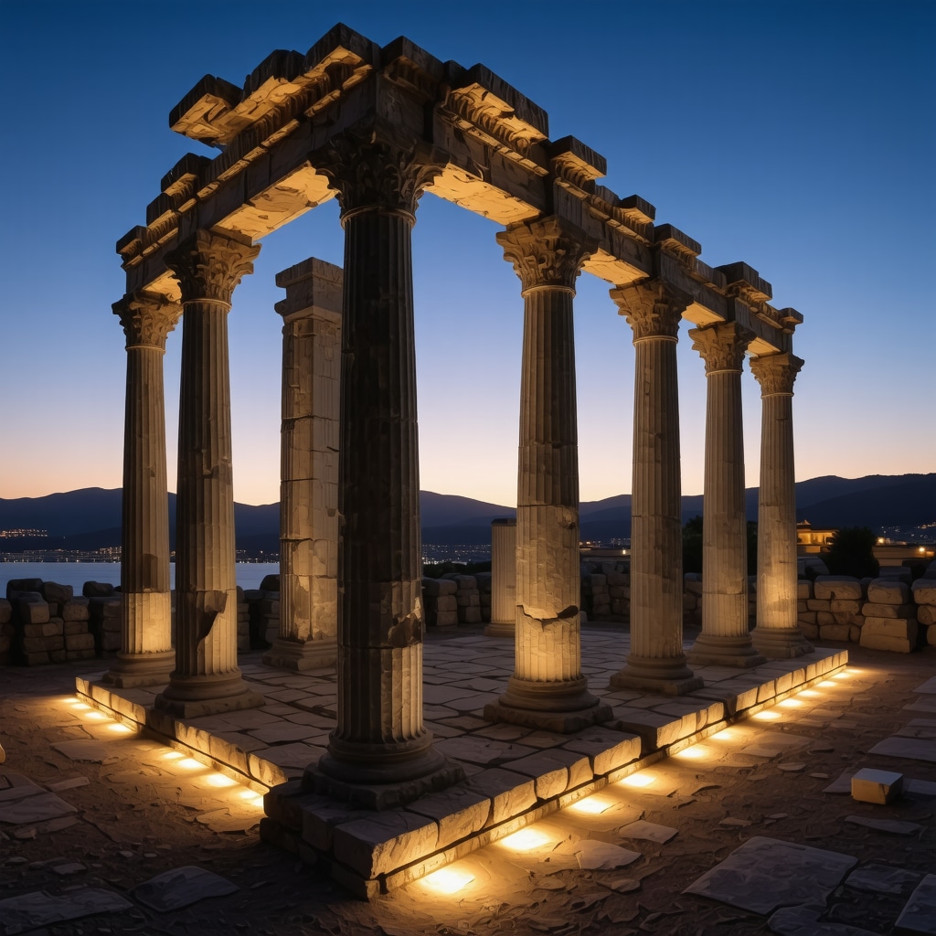 Digital augmented reality displays over historic ruins in Patras at sunset