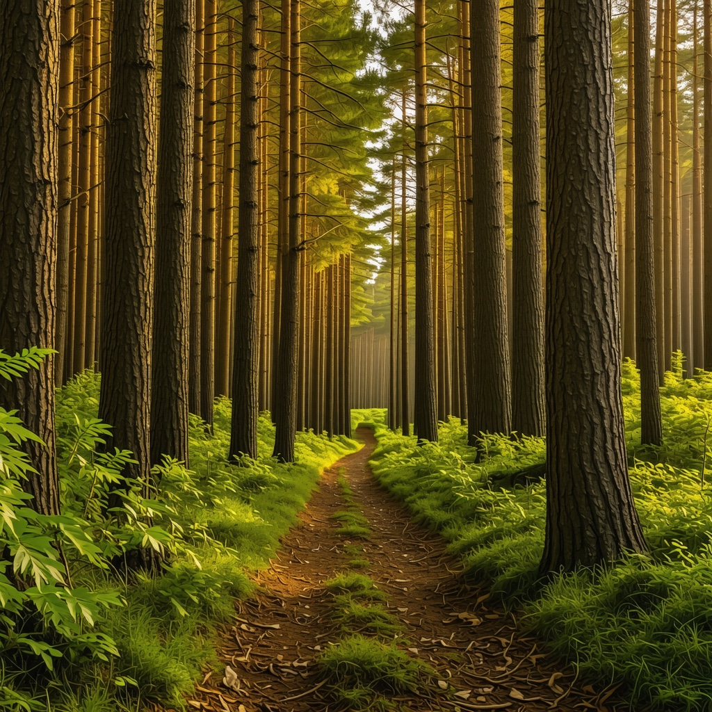 Forest trail with golden autumn leaves and soft morning light in Kozara National Park