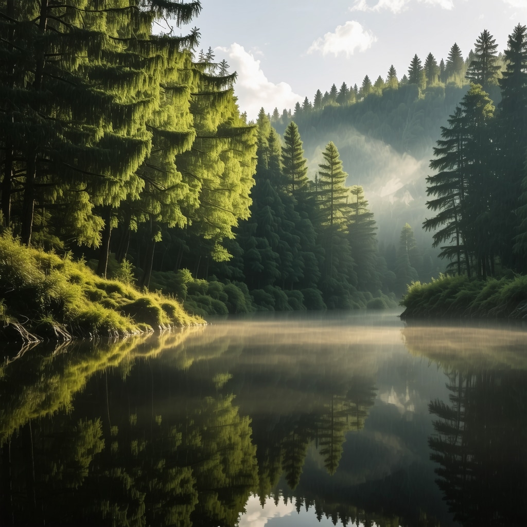 Misty forest landscape with soft sunlight in Durmitor National Park, Montenegro